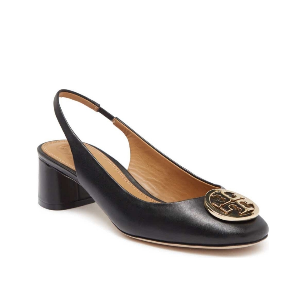 Tory Burch Gold and Black Slingback Heels with Block Heel